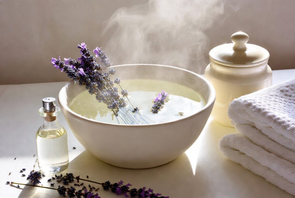 Entspannendes Fußbad gegen müde Füße vom Job – einfaches Wellness-Ritual mit Lavendel