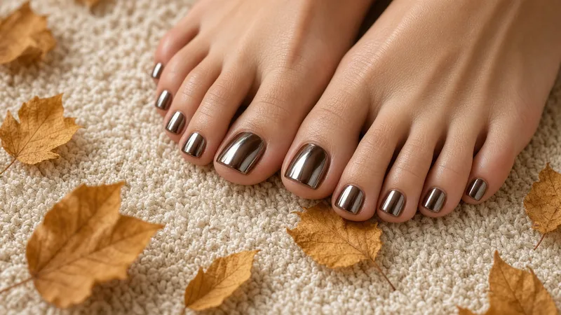 Chocolate-Chrome-Pediküre mit spiegelndem Glanz über brauner Basis