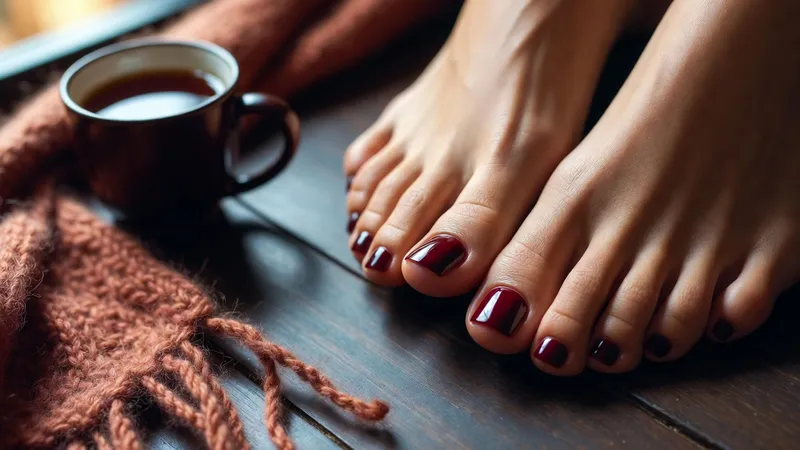 Zehennägel in Dark Cherry mit glänzendem Finish im herbstlichen Ambiente